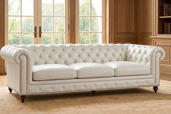 Image of A to Z Furniture Classic Sofa Set Luxury Chesterfield Leatherette Sofa in for Home Living Room & Office (3+2+1=6 Seater Sofa Off-White)