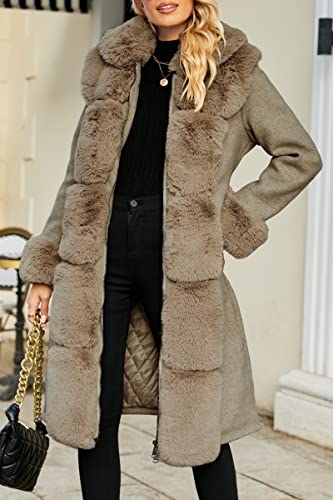 Giolshon Damen-Jacke mit Pelzfutter aus Wollmischung, Kapuze und Pelzkragen verdickter langer Trenchcoat mit Gürtel 244A Khaki XL