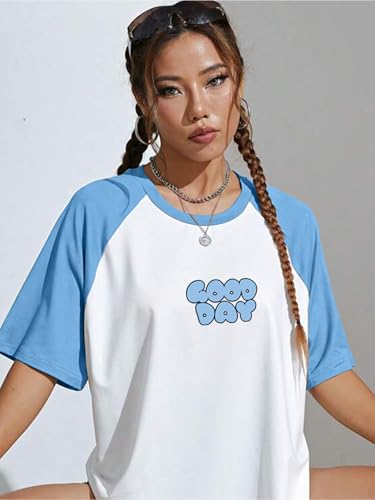 Image of JUNEBERRY 100% Pure Cotton Oversized Fit Drop Shoulder Graphic Printed Raglan Sleeves Boyfriend T-Shirt for Women (Sizes: S to 2XL)