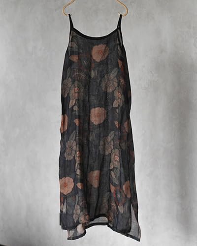 Women's Summer Casual Ramie Printed Halter Midi Spaghetti Strap Vacation Sleeveless Dresses3