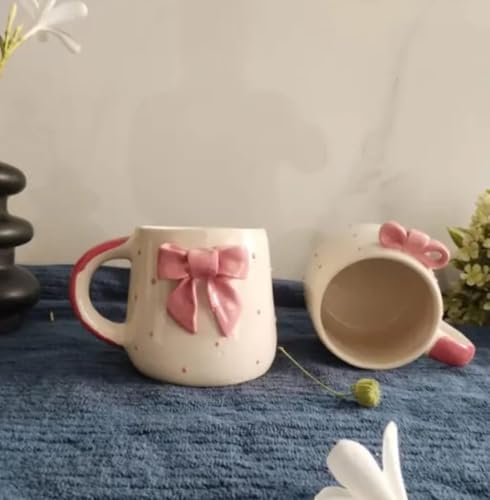 Image of Cute Pink Bow Ceramic Mug for Coffee Tea Milk | 3D Bow Design Gift Mug for Girls Women Kids | Premium Glazed Polka Dot Finish (2)