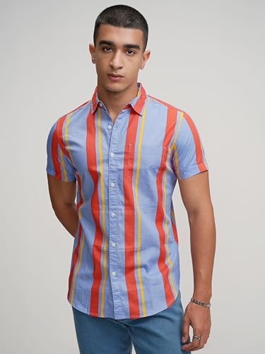 Image of Highlander Men's Casual Shirt | Striped | Slim Fit | Short Sleeves | Vertical Stripes a Sleek Look