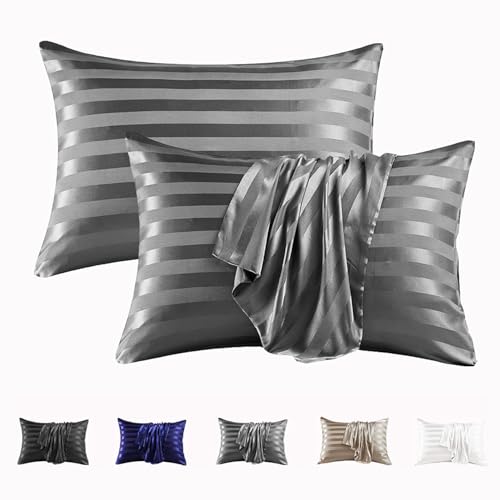 Image of MR&HM Satin Pillowcase for Hair and Skin, Silk Satin Pillowcase 2 Pack, King Size Pillow Cases Set of 2, Silky Pillow Cover with Envelope Closure (20x36, Dark Grey Striped)