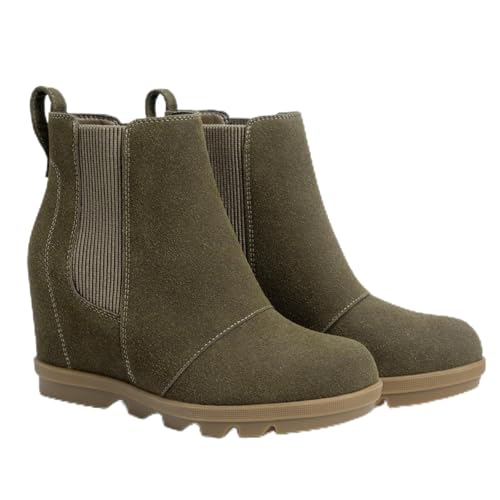 Athlefit Women's Wedge Chelsea Boots Fashion Elastic Slip On Ankle Wedge Booties Olive Green Size 8