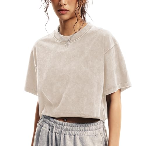 Womens Oversized Vintage T Shirts Casual Cropped Tees Short Sleeve Cotton Acid Wash Tops Summer Grunge Shirts