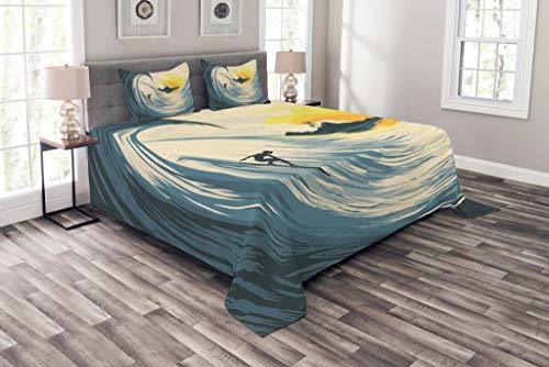 Ambesonne Ocean Bedspread, Illustration of Cloudy Sky Tropical Island Wave and Surfer at Sunset Seascape, Decorative Quilted 3 Piece Coverlet Set with 2 Pillow Shams, King Size, Beige Yellow