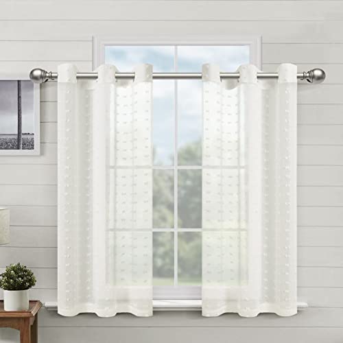 Kurze, durchscheinende Vorhänge, 114 cm Länge, 2 Paneele, cremefarbene Vorhänge, niedlicher Tuft-Pom-Pom für Küche, kleines Erkerfenster, halbtransparente Sichtschutzvorhänge, Café, 96x114 cm Cover