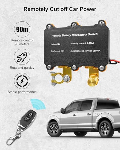 12V 500A Remote Battery Disconnect Switch, Battery Kill Switch for Car Kill Switch Anti Theft, Automatic Shut/Cut Off Switch for DC 12V Car Boat Truck RV ATV Vehicle
