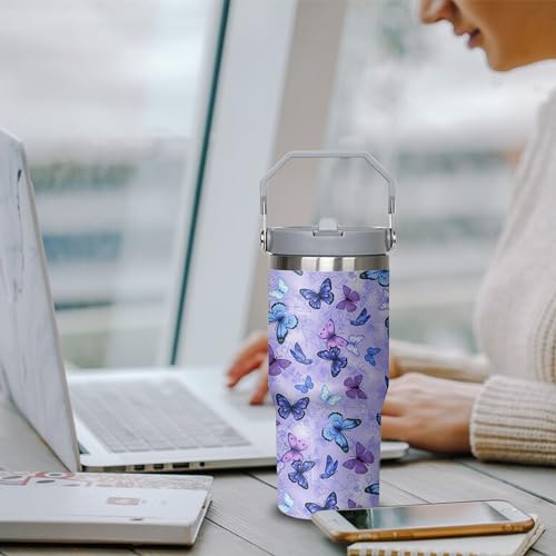 30 oz Purple Butterfly Tumbler with Handle and Filp Straw, Stainless Steel Cup with Lid and Straw, Travel Coffee Mug Insulated Water Bottle,Christmas Birthday Mothers Day Gifts for Women Animal Lovers by Xchearser - Used condition - Image 6