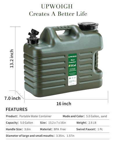 UPWOIGH 5 Gallon Water Jug, Camping Water Container, Truly No Leakage Water Storage with Spigot, Large Military Green Water Tank,BPA Free Portable Overlanding Gear for Outdoors,Hiking - Image 3
