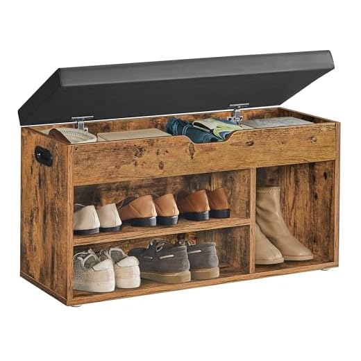 VASAGLE Banco Zapatero con Cojín, Banco de Almacenamiento, 3 Compartimentos, Almacenamiento Oculto, Estantes, Sala de Estar, Pasillo, Dormitorio, Carga 136 kg, Marrón Rústico LHS30BX