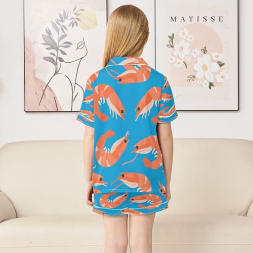 Satin Pajama Sets Short Sleeve Shrimp Lobster Pattern on Blue Button Down Silky Nightwear 2 Piece PJS 5-14Y4