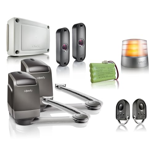 Somfy 1216596 Motorisation professionnelle Axovia 3S io Pack confort à bras pour portail battant - Livrée avec 2 télécommandes, feu orange, photocellules et batterie de secours