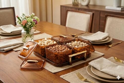 Image of Dry Fruit Serving Set with Tray and Lids, Airtight Container Box, Acrylic Food Grade Candy /Snack Storage for Home /Gifting (4 Pic Set)