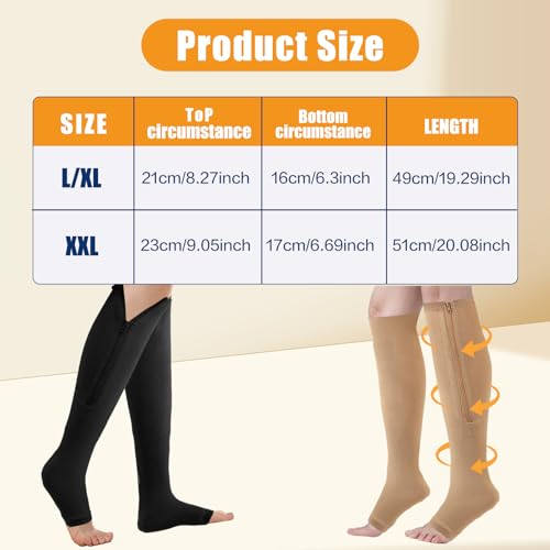 Image of 2 Pairs Zipper Compression Socks,Compression Stockings for Men and Women,15-20 mmHg Open Toe Compression Socks