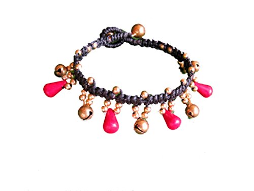 Khum Wieng Kham Women's Red Coral Bead Stone Bracelet with Brass Beads Adjustable Size Black Wax String