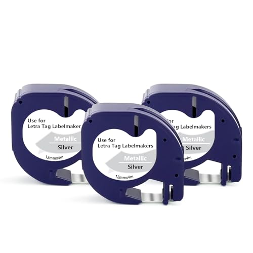 Image of UNOKA Compatible for Dymo Letratag Tape Silver Metallic 91208 91338 S0721730, 12mm x 4m Black on Silver Labels for DYMO LetraTag LT-100H LT-100T LT110T 2000 200B XR XM QX 50 Label Makers, 3-Pack