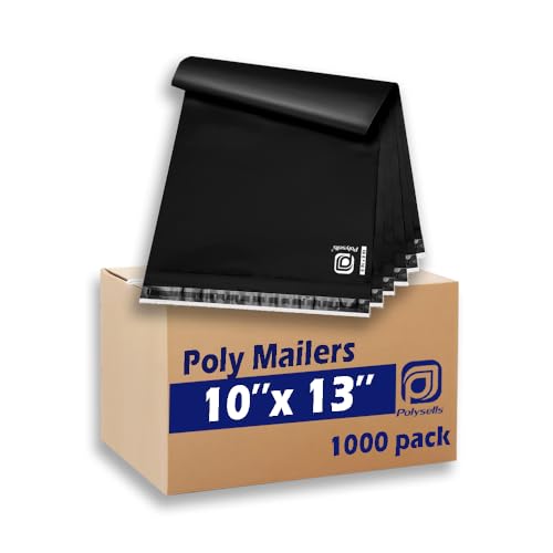 POLYSELLS 1000 pcs 10x13 Inches Black Poly Mailers Shipping Envelopes, Strong Adhesive Sealing, Waterproof, and Tear-resistant Postal Mailing Bags for Clothing, Books, and Accessories