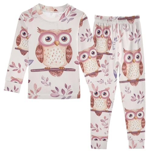 Fustylead Cute Watercolor Owl and Leaves Pajamas Cotton Sleepover PJ Set Long Sleeve Lounge Wear