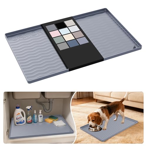 Image of URMONA Waterproof Silicone Under Sink Mat 22'' x 14'' Shelf Liner for Kitchen and Bathroom, Cabinet and Counter Protector, Storage and Organizers, Litter Mat, Pet Cat Puppy Essentials(Light Grey)
