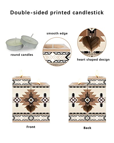 Southwestern America Candle Holders Set, Wooden Tealight Candle Holder Gifts For Women, Beige Tribal Geometric Ethnic Vintage Candlesticks Holder Decor For Wedding Dinning Party #TOP1