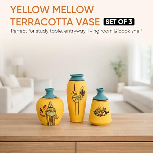 Image of Aakriti Art Creations Terracotta Vases Set of 3 | Hand Painted Yellow Madhubani Art Flower Vases Matte Finish Decorative Vases for Home Decor & Gifting