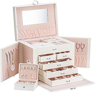 Smileshe Large Jewellery Box, 5 Layers Lockable Organiser Storage with Portable Travel Case, Mirror and Drawers, Leather Jewelry Boxes Case for Earrings, Rings, Necklaces, Bracelets (White)