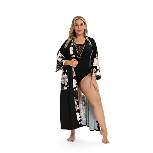 Image of Applesauce - 808V - Plus Size Women's Kimono Long Robe - Vintage Floral (One-Size fits most US 1X 2X 3X)