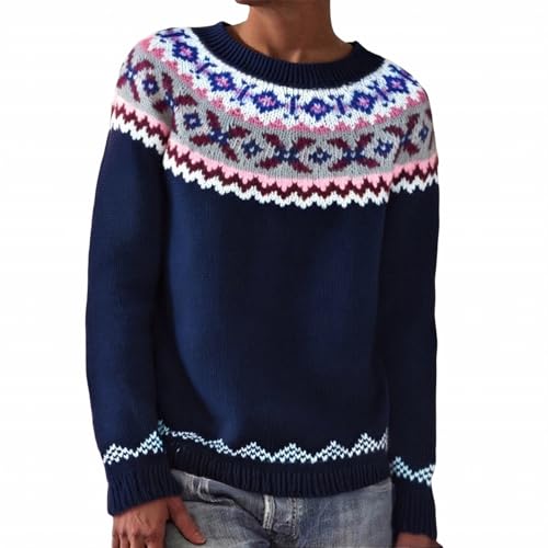 Womens Pullover Vintage Sweaters, Fall Winter Crewneck Knitted Sweater, Boho Casual Cute Fair Isle Print Tops2