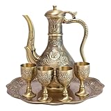 Cabilock Vintage Metallschnapsgläser Satz mit Weinkrug und Tablett Robustes Türkisches Teeservice mit Geprägter Rosenverzierung Antike Bronzeoberfläche für Festliche Bar und Dekoration
