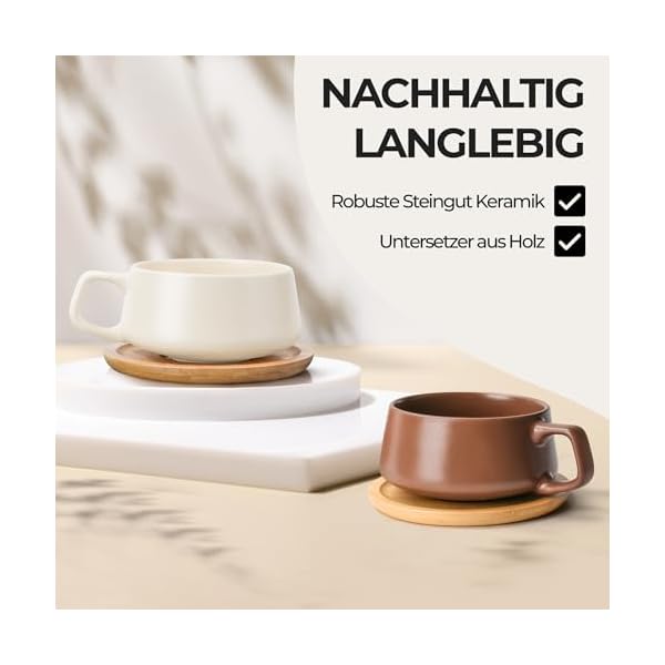 MIAMIO - 4 x 320 ml Kaffeetassen/Cappuccino Tassen mit Unterteller/elegant/modern/Kaffeebecher aus Steingut - Luxe Kollektion 4er Set – Bild 6