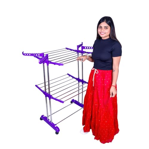 Image of UNIZONE Foldable Double Pole 2-Tier Stainless Steel Clothes Drying Stand with Side Wings | Indoor Outdoor Laundry Hanger Rack for Balcony /Home Use | Space Saver (Purple)