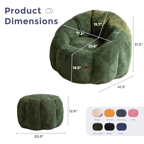 Image of MAXYOYO Giant Bean Bag Chair with Ottoman, Pumpkin-Shaped Bean Bag Sofa with Footstool, Oversized Boneless Couch Chair in a Box, Comfy and Lazy Lounge for Dorm, Living Room, Bedroom, Green