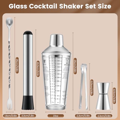 3 Pack Glass Cocktail Shaker Set, 23oz Bartender Kit with Built-in Strainer, Ice Tongs, Measuring Jigger, Muddler & Mixing Spoon, Professional Bar Tools for Home Bartending & Mixology