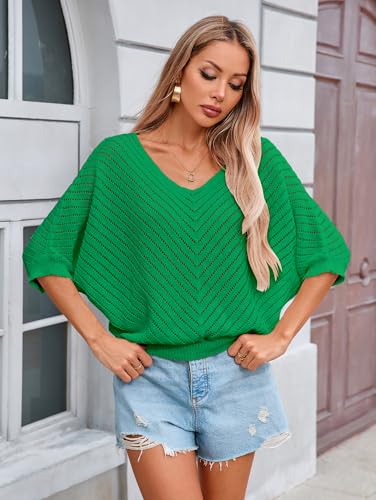 Image of Libsorge Womens Sexy V Neck 3 /4 Sleeve Sweater Spring 2025 Trendy Dressy Casual Outfits Lightweight Crochet Knit Pullover Top