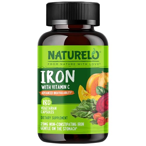 NATURELO Vegan Iron Supplement with Vitamin C and Organic Whole Foods - Gentle Iron Pills for Women & Men with Iron Deficiency Including Pregnancy, Anemia and Vegan Diets - 180 Mini Capsules