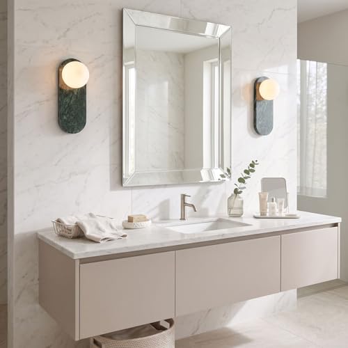 Image of Modern Green Marble Wall Sconce, Natural Stone Wall Lamp with Etched Opal Glass Shade, Mid-Century Minimalist Hardwired Wall Light for Bathroom Vanity, Bedroom, Living Room, Hallway 13.8in