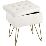Seventable Vanity Stool Chair with Storage, Teddy Velvet Soft Ottoman, 4 Metal Legs with Anti-Slip Feet, Furry Padded Seat, Multifunctional Stool for Makeup, Footstool, Bedroom, White