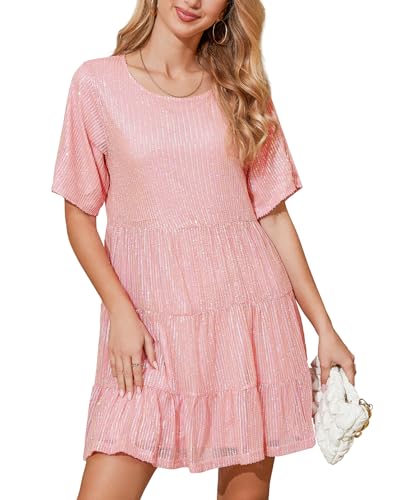 Image of MAYSTEPPE Sparkly Glitter Dress, Sequin Babydoll Summer Dress Short Flowy Tiered Tunic Dress for Women Party Club Night