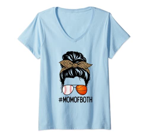 Mujer Baloncesto Béisbol Mamá de Ambos Desordenado Bollo Leopardo Camiseta Cuello V