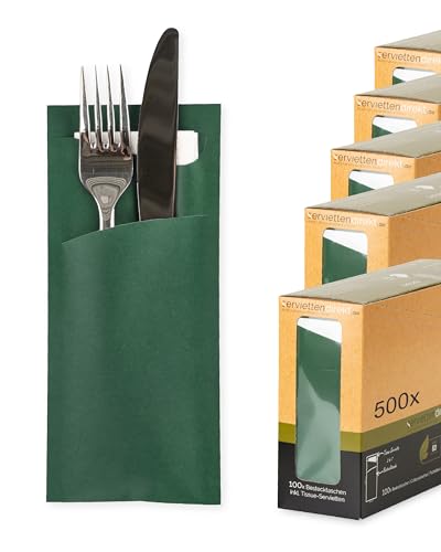 PG PrimeGuest SUPPLY Bestecktasche Prime Fit 85x190mm, mit Serviette, 2-lagig Tissue in Weiß, Bestecktaschen ideal für Gastronomie und Feiern 500 Stück (Dunkelgrün)