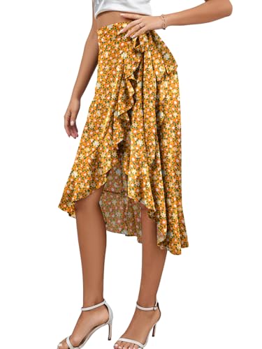 Image of LYANER Women's Boho Floral Print Wrap Front Self Tie Knot Ruffle Hem Split Midi Skirt