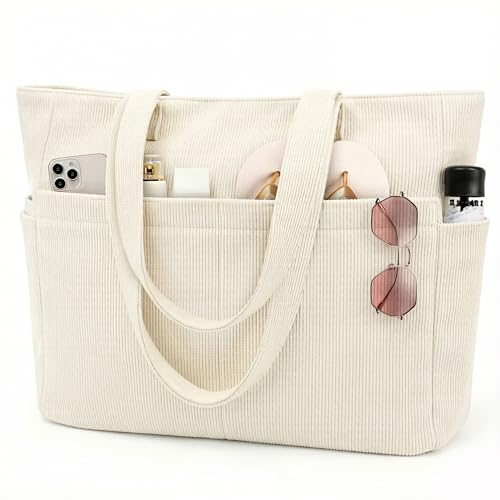 beifon Cord Strandtasche xxl Familie 25L/18L mit Reißverschluss, Groß Tote Bag Damen, Shopper Tasche Badetasche, Laptoptasche mit 17 Zoll Laptopfach, Reisetasche Handtasche Umhängetasche