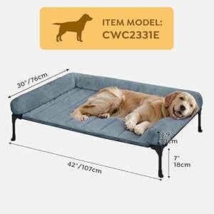 Veehoo Cooling Elevated Dog Bed Removable Fluffy Plush Pillow Cushion Raised Dog Bed with Washable Bolster Mat Breathable Teslin Mesh No Slip Feet 42 x 30 Dog Couch Bed Haze Blue CWC2331E