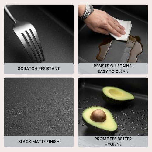 Image of GLOXY Premium Quartz Granite Double Bowl Kitchen Sink 45x20x9 Inch - Black Matte Finish Double Bowl Quartz Sink With Drainer Basket, Coupling Hose Pipe - Scratch Resistant Undermount & Topmount Sink
