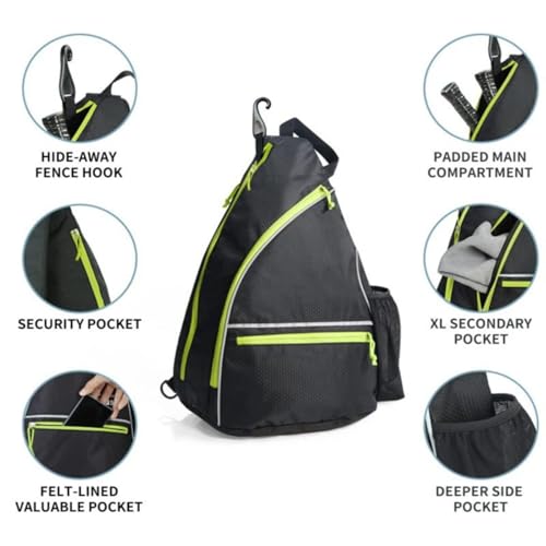 Mochila negra de pickleball con detalles verde fluorescente y compartimentos 7