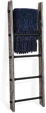 MyGift 4 Ft Torched Wood Farmhouse Blanket Ladder with 5 Matte Black Industrial Pipe Rungs, Wall Leaning Bathroom Towel Ladder Rack
