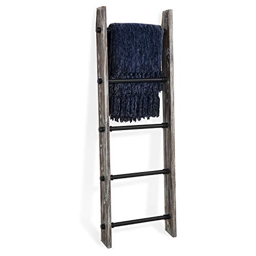 MyGift 4 Ft Torched Wood Farmhouse Blanket Ladder with 5