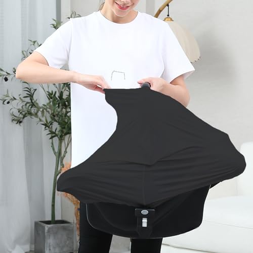 Image of Carseat Covers for Baby Breastfeeding - Multi use Car Seat Canopy Cover, Infant Stroller Canopy Cover for Boy and Girls (Black Print)