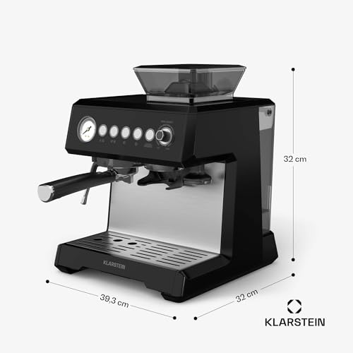 Klarstein GrandPresso Siebträgermaschine Mit Mahlwerk – 20 Bar, 1.350 W, Integriertes Präzisionsmahlwerk, Dampfdüse, 2,3-l-Wassertank, Schwarz, Tassenwärmer